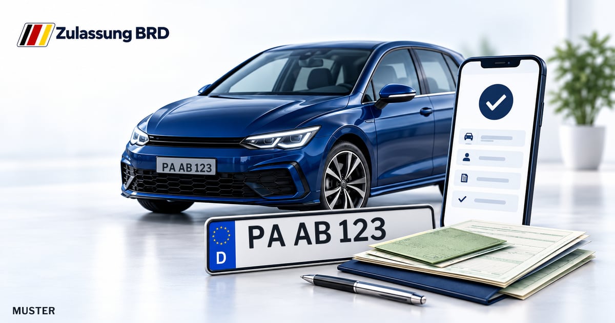Online Fahrzeugzulassung in Passau: Musterkennzeichen PA AB 123, Auto und Fahrzeugpapiere und Smartphone. Illustration mit Logo von Zulassung BRD.